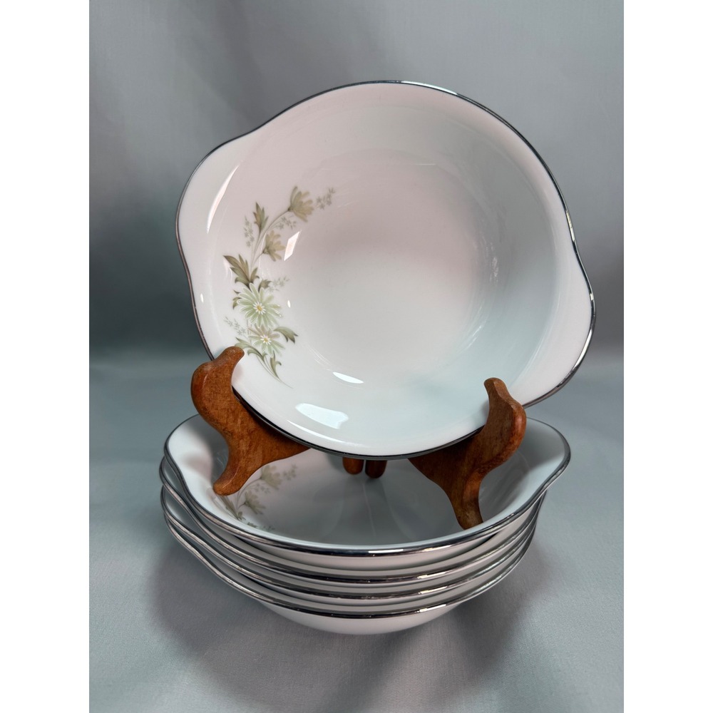 Noritake Soroya 6853 Lot of 5 Cereal Bowls 6" White Green Floral Platinum Trim